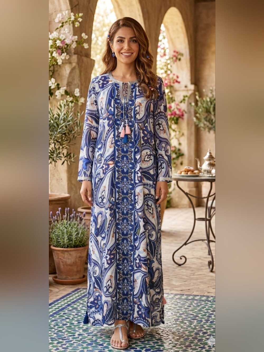 MISS JUNE Blue Patterned Long Sleeve Maxi Dress - Elegant Floral Print